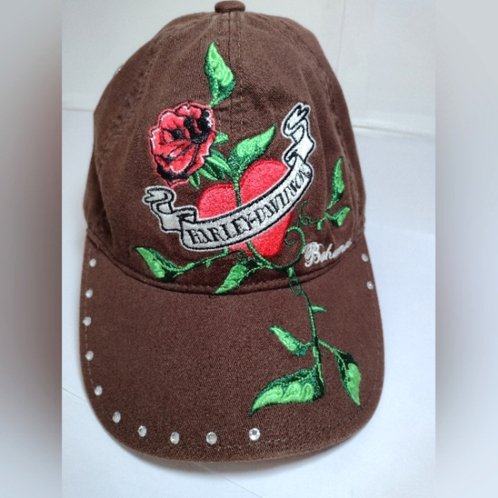 Harley Davidson Bahamas Women's Brown Cap with Embroidered Rose and Heart